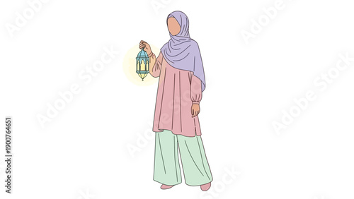 Woman wearing traditional clothing holding lantern in a serene environment, captured from a straightforward viewpoint.
