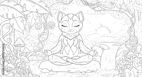 Zen Cat Meditating in a Serene Nature Landscape with Waterfall and Flowers Coloring Page