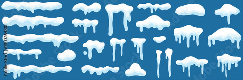 Snow caps and drifts vector set. Frosty cartoon snowdrifts, hanging ice borders, and white winter roof decorations. Christmas banners and festive deco