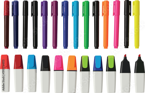 Set of colorful pens and highlighter markers in different colors and styles, office stationery and school supplies, vector illustrations isolated on white