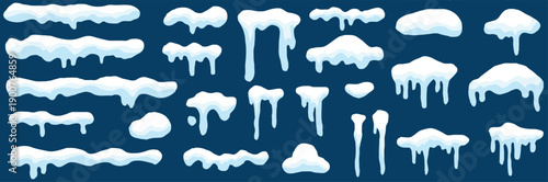 A set of snow caps, snowballs, and snowdrifts. Vector collection of snow caps. Snow elements on a winter background