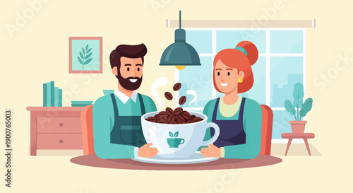 Two smiling people in aprons hold a giant cup overflowing with coffee beans