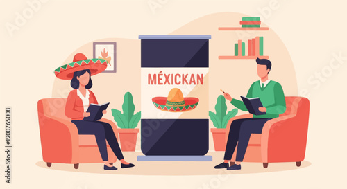Two people in sombreros reading books next to a large display