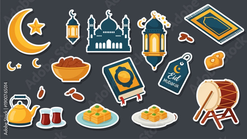 Collection of Islamic symbols and objects representing Ramadan and Eid celebrations in a flat design style