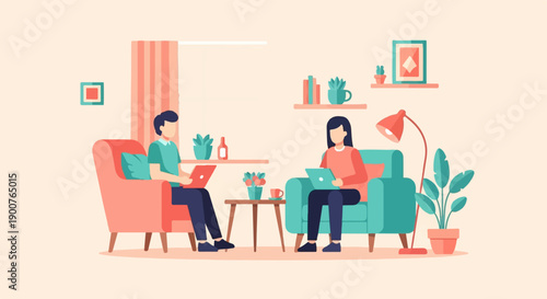 Two people sit on couches in a room with laptops and plants