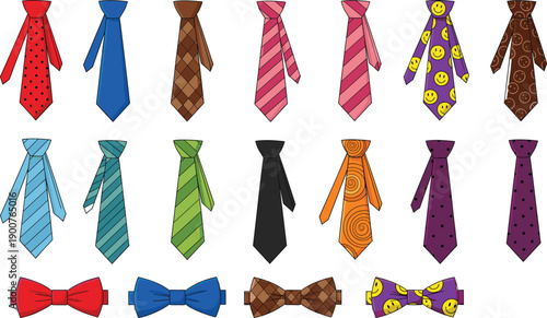 Set of colorful neckties and bow ties in various patterns and styles, fashion accessories for business, formal wear, celebrations, and menswear design