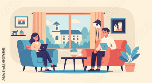 Two people relax on sofas in a cozy room, each using a laptop