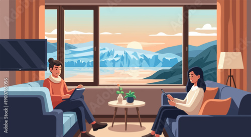 Two people relax on sofas in a room with a large window displaying a scenic arctic landscape