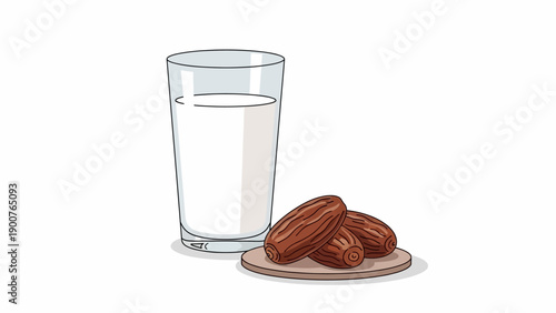 A glass of clear water and a plate of dates on a simple background viewed from the front
