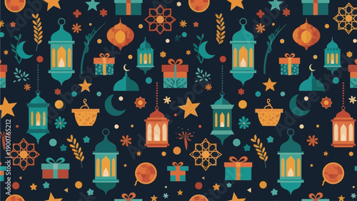 Celebratory Ramadan pattern with lanterns, gifts, and ornaments on a dark blue background, viewed from directly above.