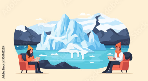 Two people in winter attire sit in armchairs using laptops in an icy landscape