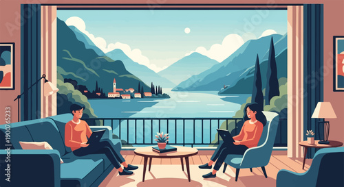 Two people work on laptops indoors with a stunning lake and mountain view