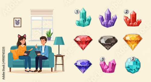 Two people sit on a sofa, one with cat ears, while various colorful gems are displayed
