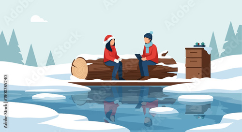 Two people in winter clothes sit on a snow-covered log by a frozen body of water, reflecting their image