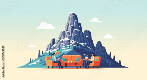 Two people relax on orange furniture against a backdrop of a snowy mountain