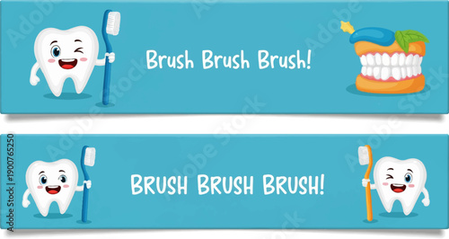 Two cartoon banners featuring happy teeth and toothbrushes, promoting dental hygiene