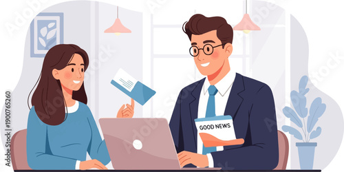 Two smiling professionals collaborate over a laptop, sharing positive news