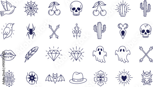 Collection of 25 black and white illustrations isolated on transparent background