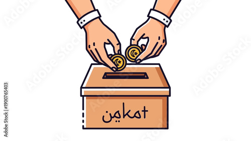 Hands casting votes into a ballot box with Arabic inscription during an election process