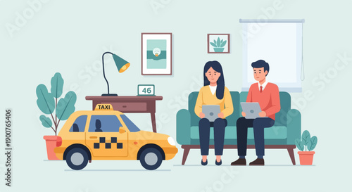 Two people sit on a couch with tablets as a yellow taxi and plant sit nearby