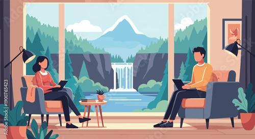 Two people work on laptops inside a cozy room with a scenic waterfall view