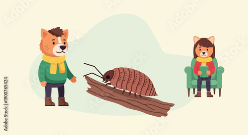 Two cartoon animals observe a large insect on a log
