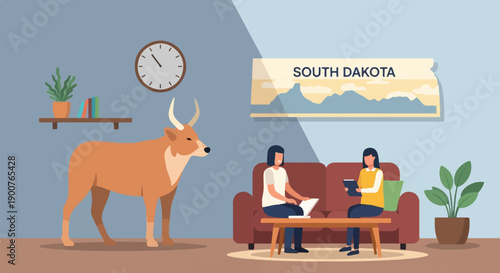 Two people indoors near a cow and South Dakota artwork
