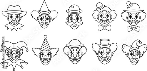 Set of clown face outline icons with different expressions and hats, circus and carnival character illustrations, minimal line vector designs isolated on white