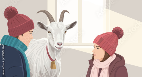Two people in winter hats observe a goat with a bell on its neck