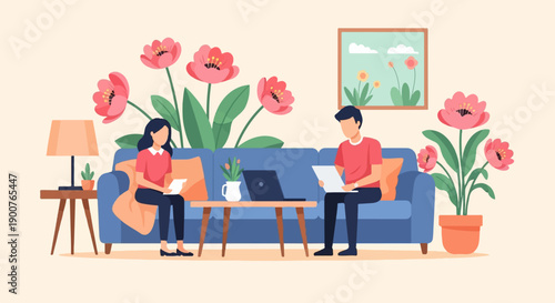 Two people sit on a couch with a laptop and papers, surrounded by flowers