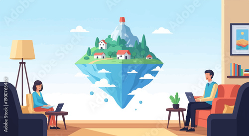 Two people work on laptops inside a room with a floating island in the background