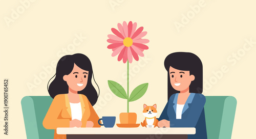 Two smiling women and a small dog sit at a table with a flower
