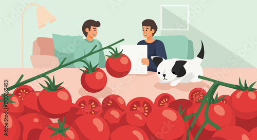 Two men and dog with pile of tomatoes on table