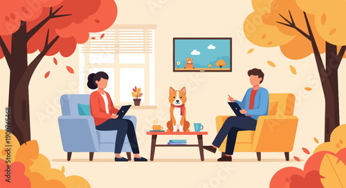 Two people and dog in room with autumn trees outside