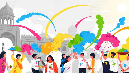 People celebrating holi festival with colorful powder indian architecture background