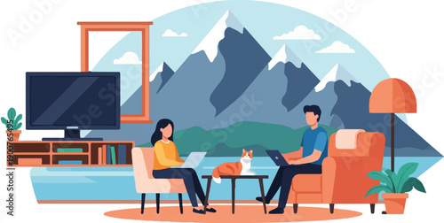 Two people work on laptops near a cat, with mountains visible through a window