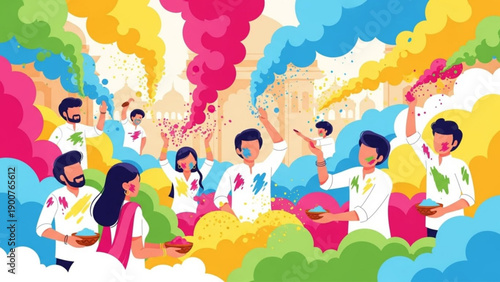 People celebrating holi festival with colorful powder and smoke joyful atmosphere vibrant colors