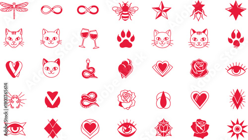 Collection of red tattoo designs isolated on transparent background
