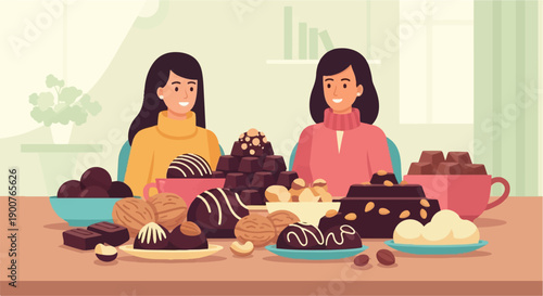 Two smiling women in cozy sweaters enjoy a table laden with chocolates and nuts