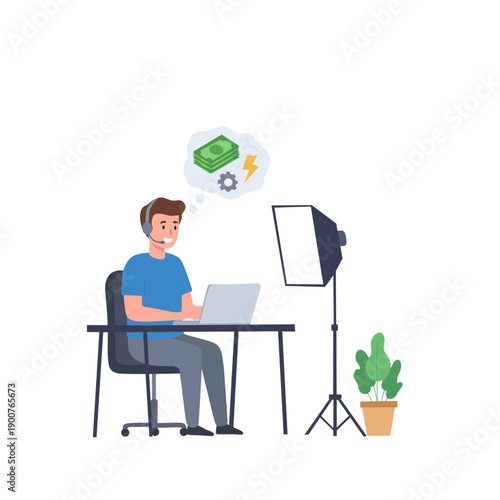 Flat illustration of a man working with laptop and headset in home studio. Concept of online business, content creator, remote work, freelancing, and digital income