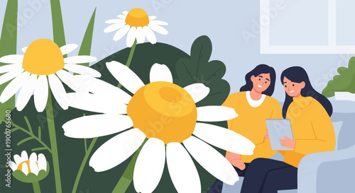 Two smiling women in yellow tops look at a tablet, surrounded by large daisies