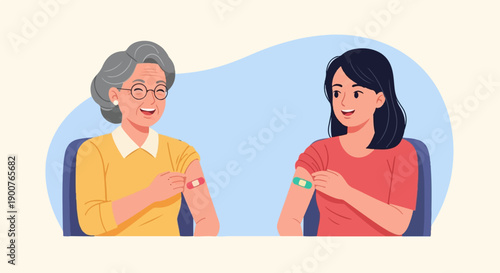 Two smiling women, one older and one younger, showing off vaccination band-aids