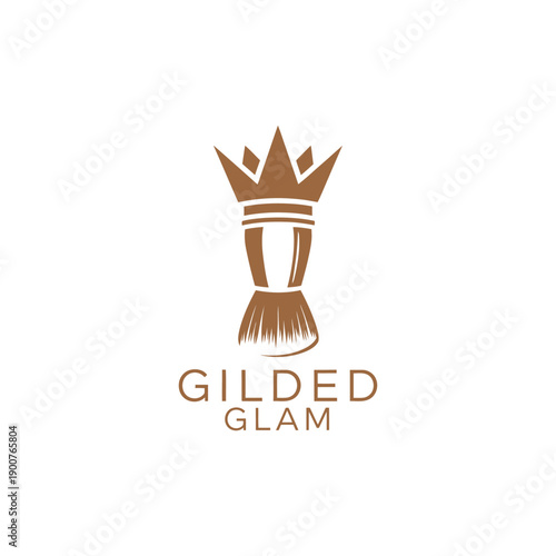 Elegant makeup brush with royal crown icon logo for professional beauty artist and luxury salon branding named Gilded Glam