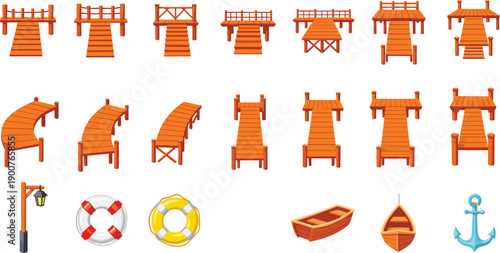 Set of wooden pier, dock, and marina illustrations with bridges, boats, lifebuoys, and anchor, cartoon style vector elements for seaside and harbor designs