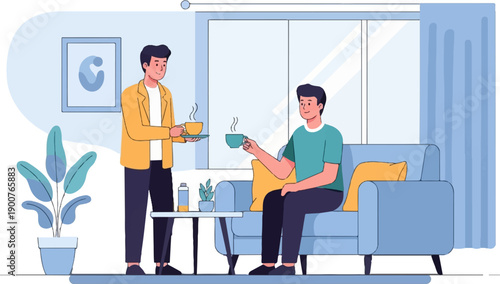 Two men enjoy coffee in a living room setting with a plant and artwork