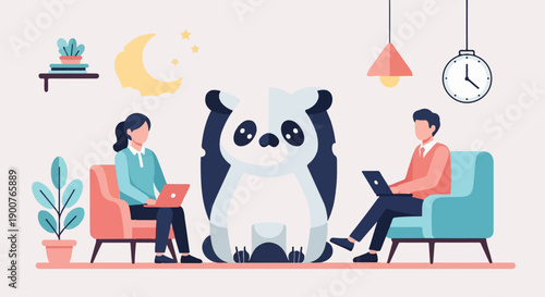 Two people work on laptops next to a giant panda