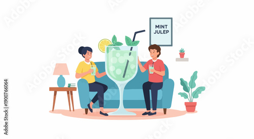 Two people relax on a couch, enjoying a very large mint julep