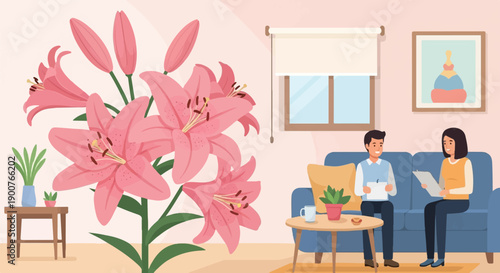Two people sit on a couch in a room with flowers and a window