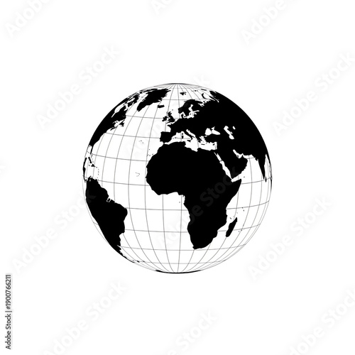 Black and white illustration of the Earth globe with grid lines on a white background