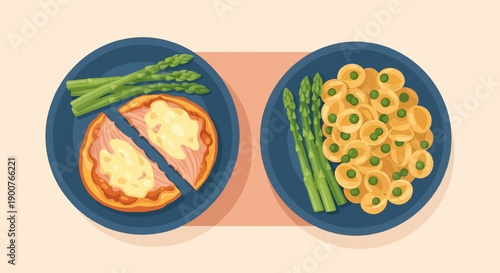Two blue plates with food one with fish pie and asparagus, another with pasta and peas